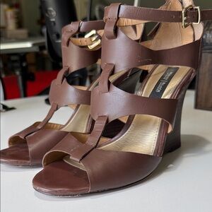 Kenneth Cole Brown Leather Strappy Cutout Wedge Sandals